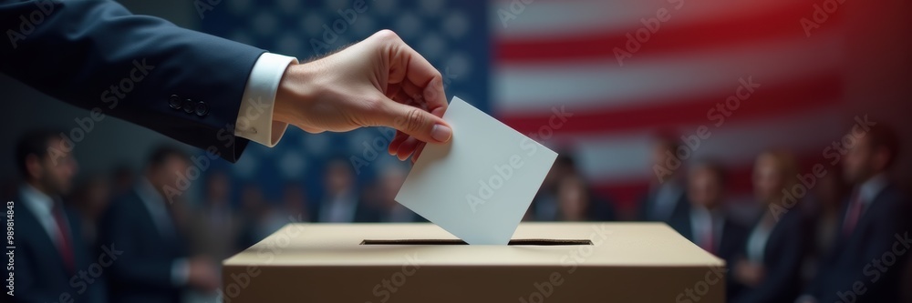 A close-up of a hand dropping a ballot into a box, symbolizing the democratic process and civic engagement, against a backdrop of the American flag. A close-up of a hand dropping a ballot into a box, symbolizing the democratic process and civic engagement, against a backdrop of the American flag.