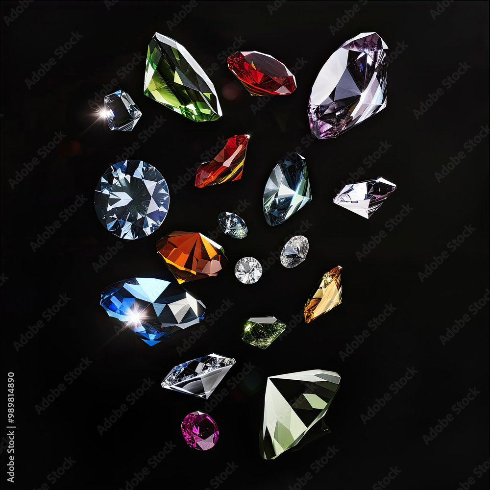 Gemstones Falling Mid-Air with Brilliant Colors and Clarity Against a Black Background
