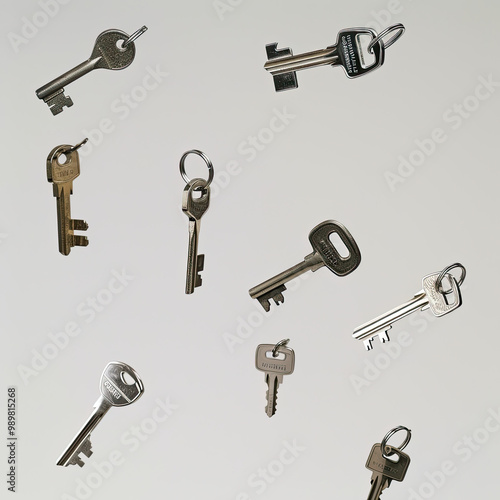 Floating Keys of Various Shapes and Materials Suspended Against a White Backdrop