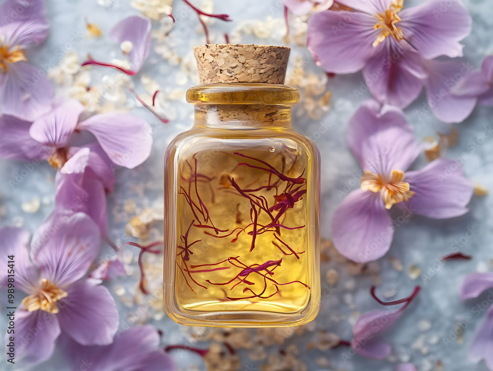 A bottle of saffron oil surrounded by delicate purple flower petals and sea salt, showcasing natural beauty and culinary elegance. A bottle of saffron oil surrounded by delicate purple flower petals and sea salt, showcasing natural beauty and culinary elegance.