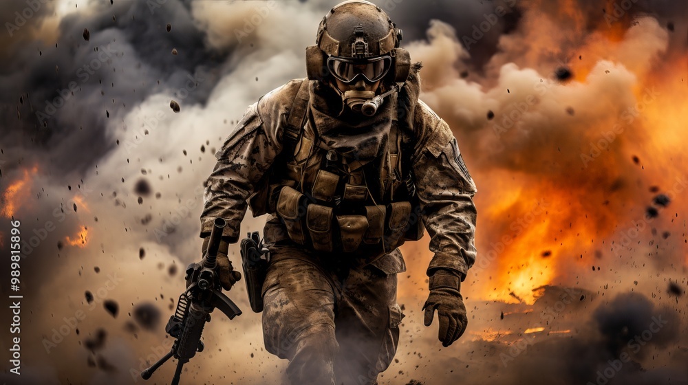 A soldier in tactical gear charging through a smoky battlefield during combat operations A soldier in tactical gear charging through a smoky battlefield during combat operations