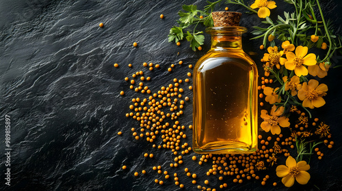 Golden mustard oil bottle surrounded by bright yellow mustard seeds and flowers on a textured dark background. photo