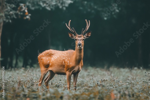 Majestueux cerf se tenant dans une forêt sereine, entouré de nature luxuriante