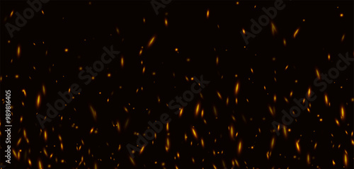 Fire sparks, abstract glowing embers, heat sparkles, flying flame cinder, bokeh fire texture. Vector illustration.