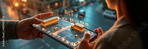 A digital interface showcasing transportation logistics, highlighting smart technology in fleet management for efficient delivery solutions.