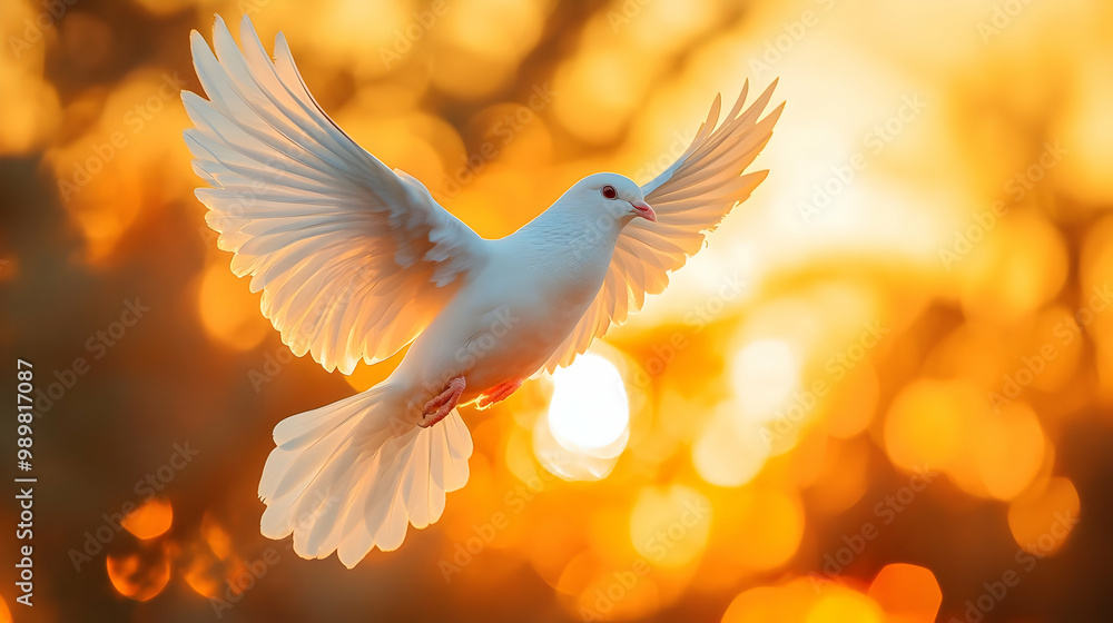 A graceful white dove in flight against a soft, glowing sunset background, symbolizing peace and freedom. A graceful white dove in flight against a soft, glowing sunset background, symbolizing peace and freedom.
