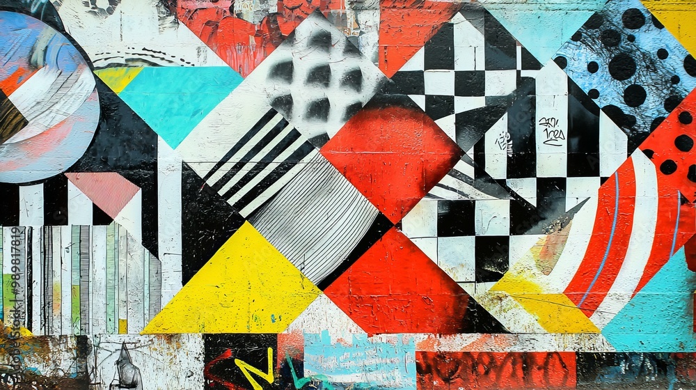 Naklejka premium Graffiti wall with optical illusion effects, abstract street art blending reality and illusion