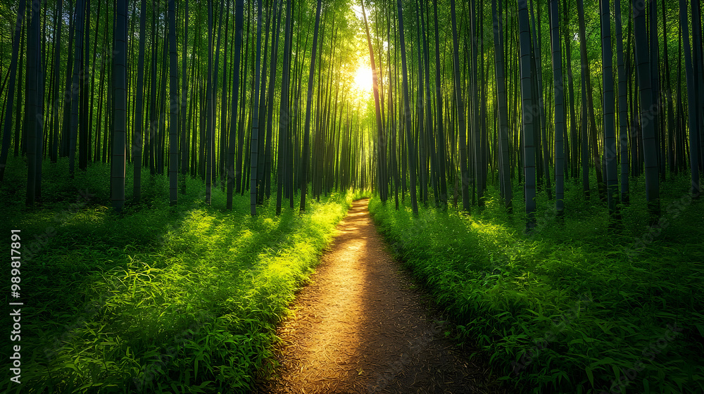 Obraz premium Pathway through a vibrant bamboo forest illuminated by sunlight, showcasing lush greenery and serene natural beauty.