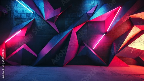 Graffiti wall with sharp geometric shapes and neon lights, abstract futuristic patterns blending with street art photo