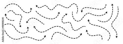 Black dotted arrows set. Wavy curved dashed arrow collection. Sketched doodle thin pointers and direction lines. Dots outline stripe design element bundle for flyer, poster, brochure, banner. Vector