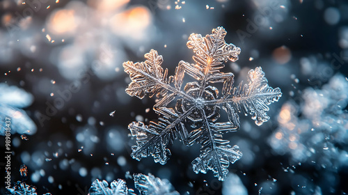 Close-up of a delicate snowflake, showcasing intricate details against a blurred winter background. photo