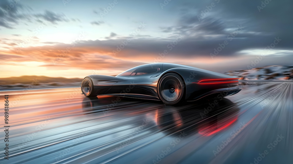 Sleek modern car in motion against a vibrant sunset, showcasing speed and innovation. Sleek modern car in motion against a vibrant sunset, showcasing speed and innovation.