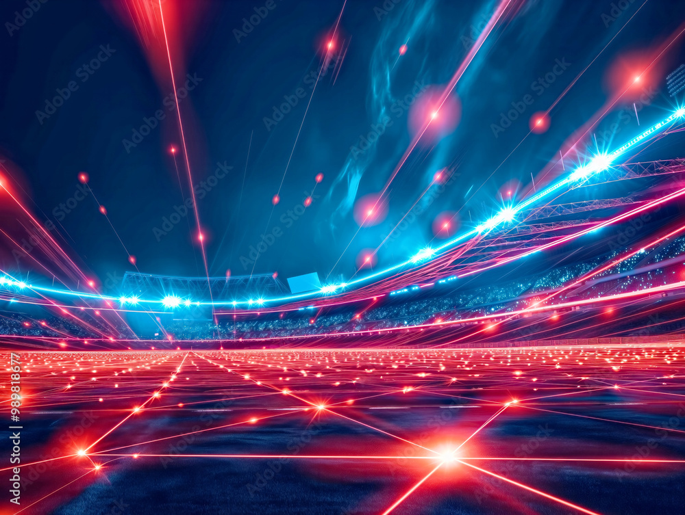 A stadium filled with red and blue lights. The lights are arranged in a grid pattern, creating a sense of depth and movement. The scene is likely from a video game or a futuristic event