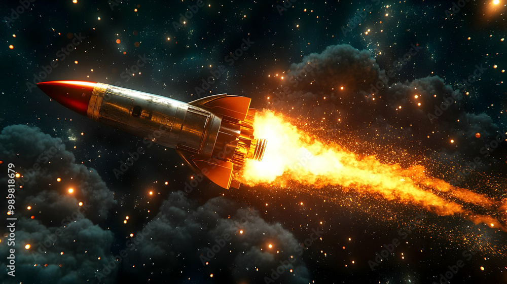 Dramatic rocket launching through space, leaving a fiery trail in the dark universe. Dramatic rocket launching through space, leaving a fiery trail in the dark universe.