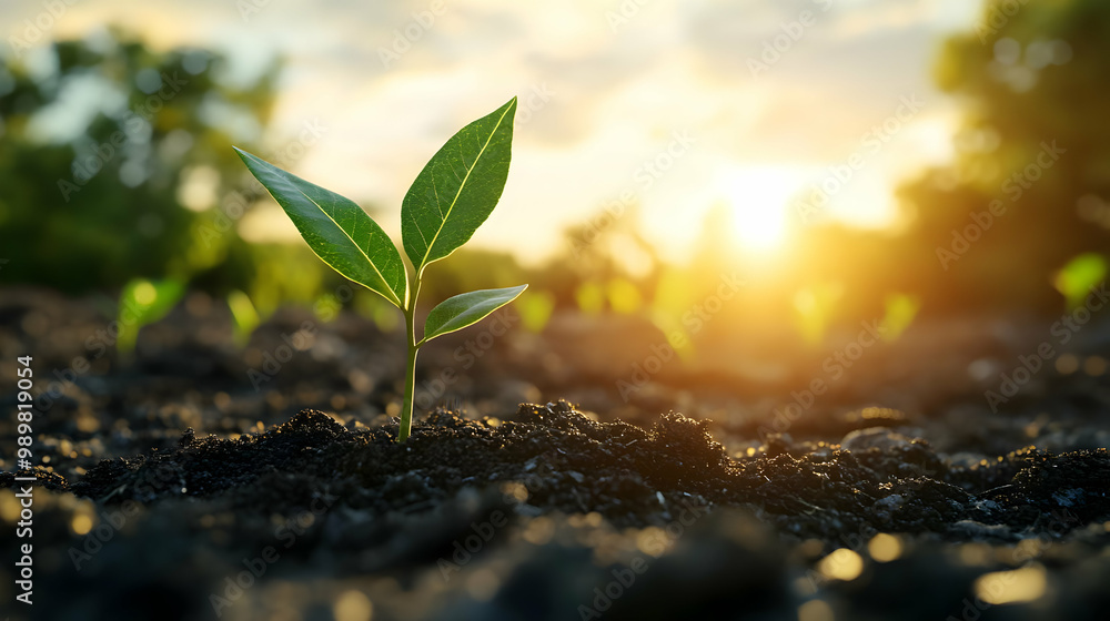 Young green plant emerging from rich soil under warm sunlight during a beautiful morning. Young green plant emerging from rich soil under warm sunlight during a beautiful morning.