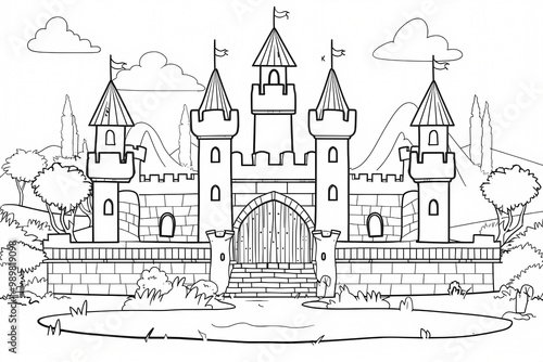 A whimsical black and white illustration of a fairy tale castle, complete with turrets and surrounding trees, perfect for coloring.