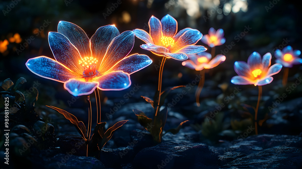 Glowing flowers emerge from the ground, illuminating the surroundings with vibrant colors in a surreal, enchanted setting. Glowing flowers emerge from the ground, illuminating the surroundings with vibrant colors in a surreal, enchanted setting.