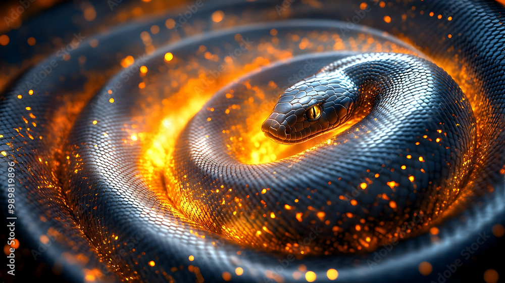 Fototapeta premium A stunning black snake coiled with fiery orange sparks and glowing effects on a dark background.