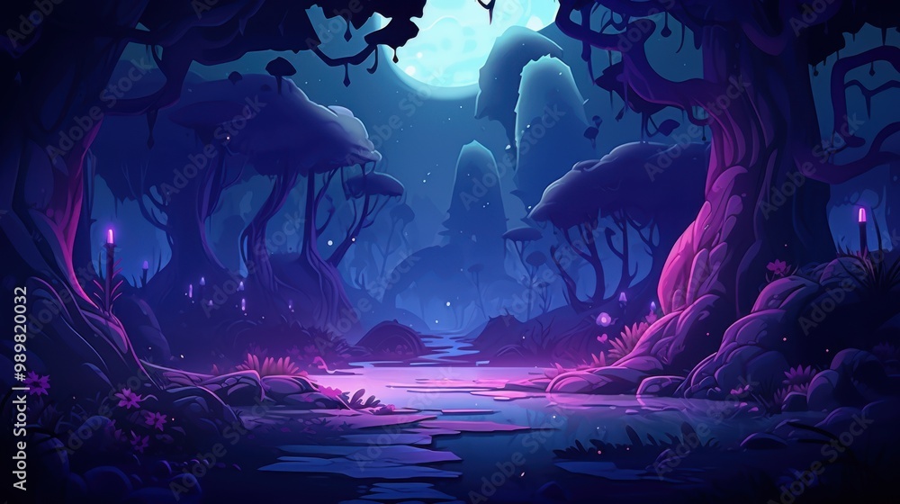 Obraz premium A Mystical Forest Path Illuminated by Moonlight and Glowing Plants