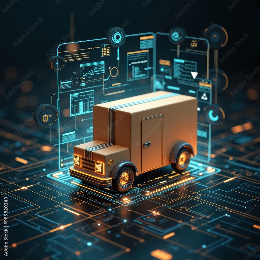 Fototapeta premium A digital representation of a delivery truck surrounded by data charts and technology, symbolizing logistics, innovation, and smart transportation solutions.