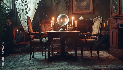 Vintage seance room with antique chairs, a wooden table, and a glowing crystal ball.