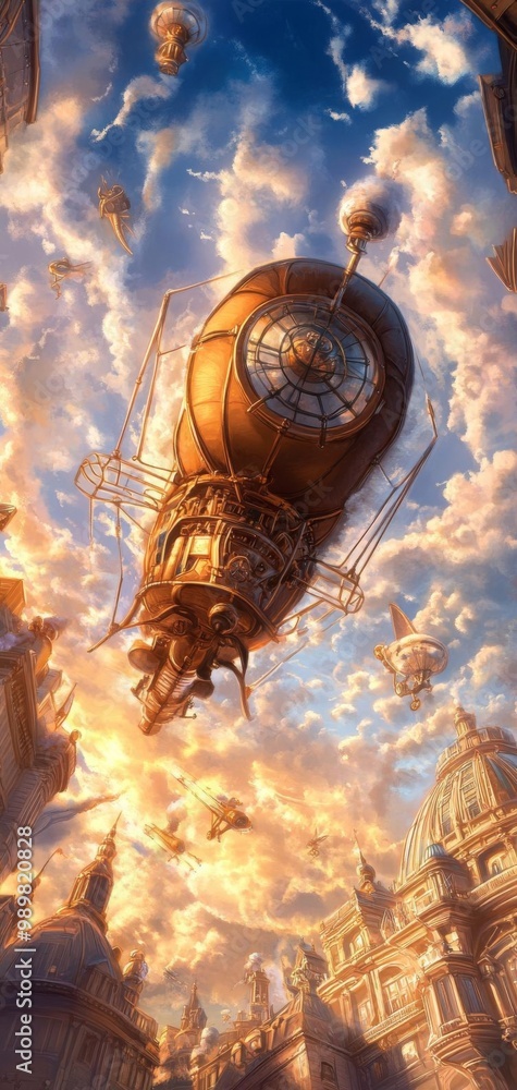 Fototapeta premium Steampunk Retro Futurism Airship Adventures Worms Eye View