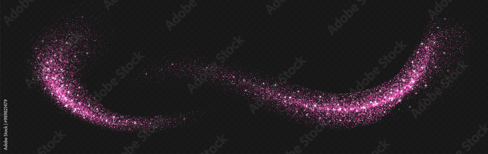 Pink glitter splashes, shiny star dust explosion, shimmer spray effect, festive holiday particles isolated on a dark background. Vector illustration. Christmas decoration.