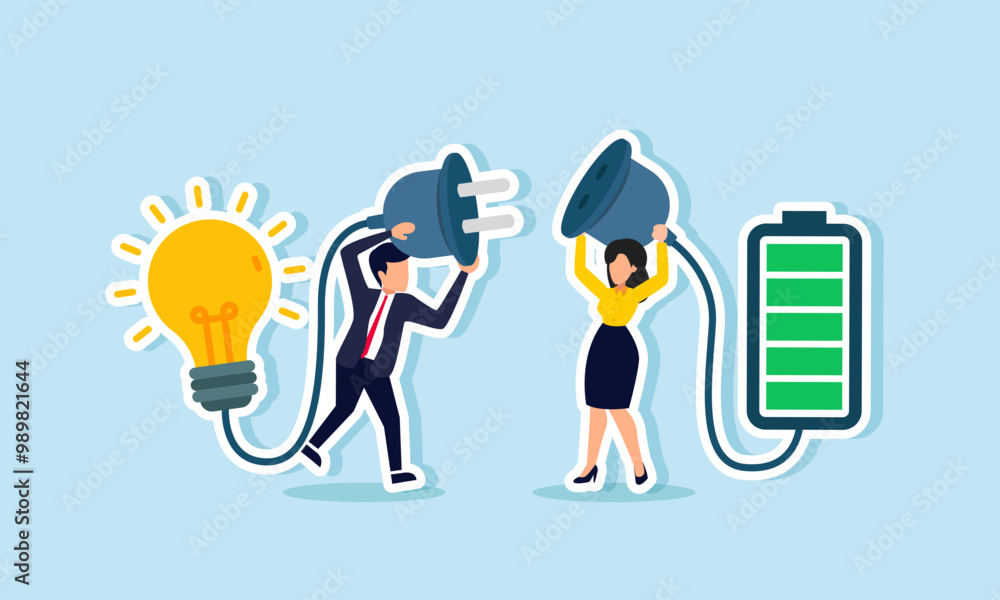 A businessman holding a light plug tries to connect it to a fully charged battery socket, illustrating teamwork or a sharing session with partners for resource innovation. A businessman holding a light plug tries to connect it to a fully charged battery socket, illustrating teamwork or a sharing session with partners for resource innovation.
