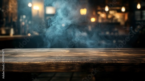 empty wooden table with smoke float up on dark background Dark wood texture background surface with old natural pattern wood table on blur of cafe coffee shop bar background