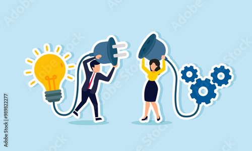 A businessman holding a light plug tries to connect it to a gear machine socket, illustrating teamwork or a sharing session with partners for company performance innovation.