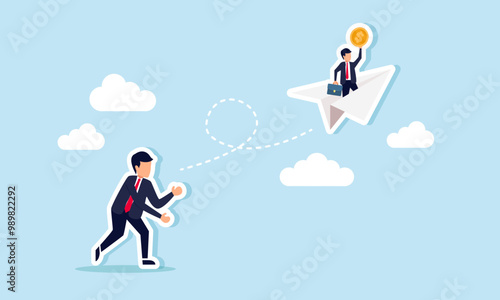 A businessman throws a paper airplane carrying another businessperson with a coin into the sky, illustrating promotion or support from teammates to achieve profit or sales.