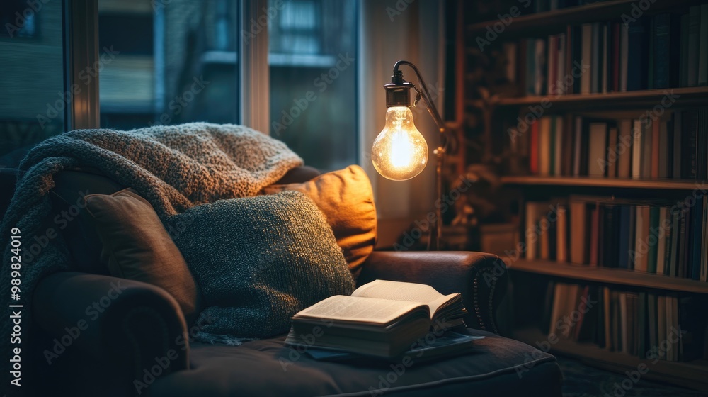 A light bulb in a cozy living room setting, casting a soft glow over a comfortable armchair and a stack of books.