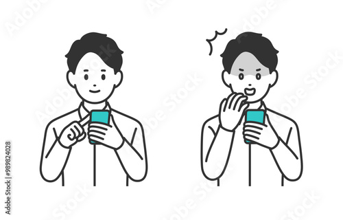 スマホを見る･ショックのポーズをする若い男性のセット【人物ベクターイラスト素材】