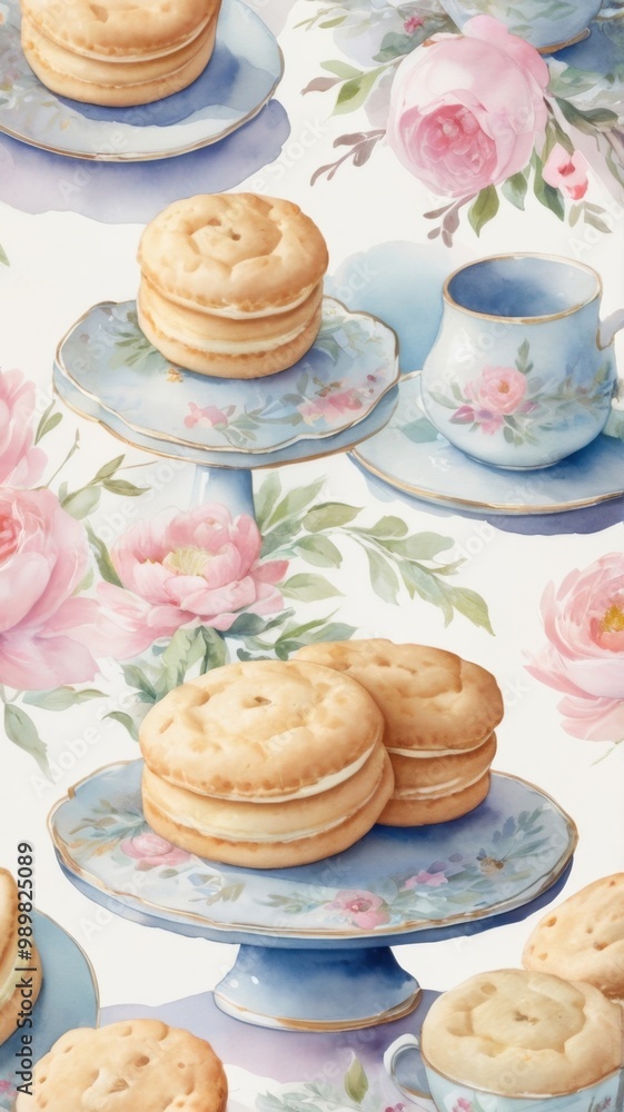 A decorative pattern featuring cookies and floral teacups on elegant plates. A decorative pattern featuring cookies and floral teacups on elegant plates.