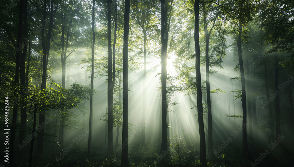 Obraz premium Tall, misty trees with sunlight streaming through the branches, creating a magical and mysterious forest atmosphere