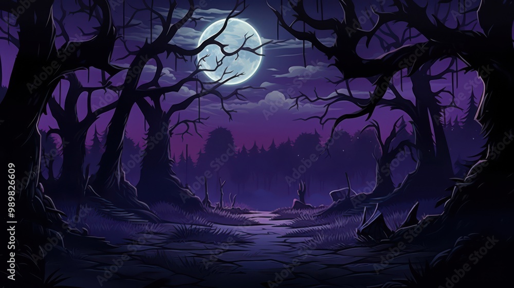 Fototapeta premium Dark Forest Path with Full Moon and Silhouetted Trees