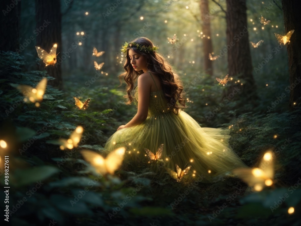 magical Firefly flying in the night forest. Fairy tale concept magical Firefly flying in the night forest. Fairy tale concept