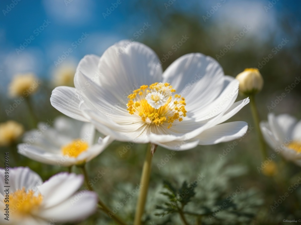 white anemone flower with yellow stamens and butterfly in nature macro on background white anemone flower with yellow stamens and butterfly in nature macro on background