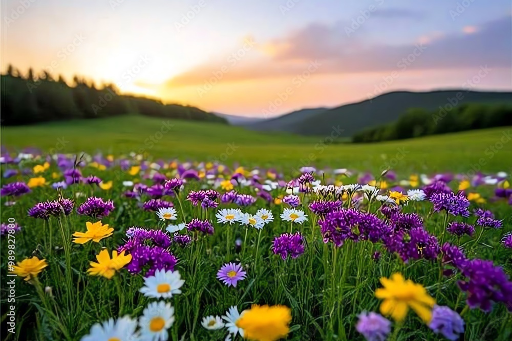 Obraz premium A field of vibrant wildflowers, stretching toward the horizon with rolling green hills in the background under a pastel-colored sky