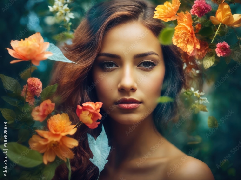 Double exposure portrait of young pretty woman with bright spring garden flowers and leaves Double exposure portrait of young pretty woman with bright spring garden flowers and leaves