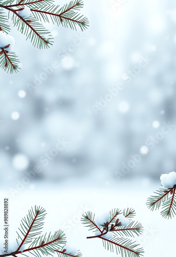Snowy winter with fir branches and copy space background for text