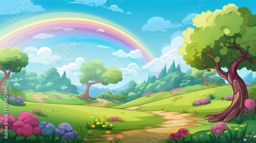 A Colorful Meadow Scene with a Rainbow, Trees, and a Winding Path