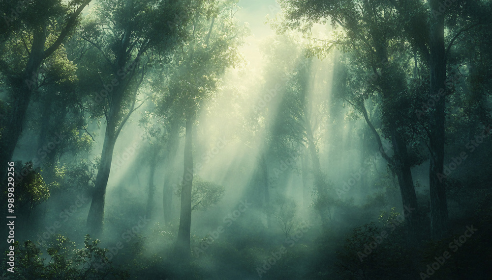 Tall, misty trees with sunlight streaming through the branches, creating a magical and mysterious forest atmosphere Tall, misty trees with sunlight streaming through the branches, creating a magical and mysterious forest atmosphere