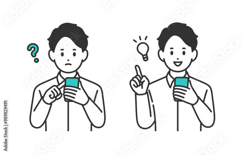 スマホを見て疑問を持つ･ひらめきのポーズをする若い男性のセット【人物ベクターイラスト素材】