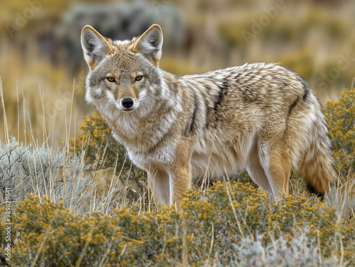 A coyote is standing in a field of tall grass. Concept of wildness and freedom, as the coyote is in its natural habitat, roaming and exploring the grassy area photo