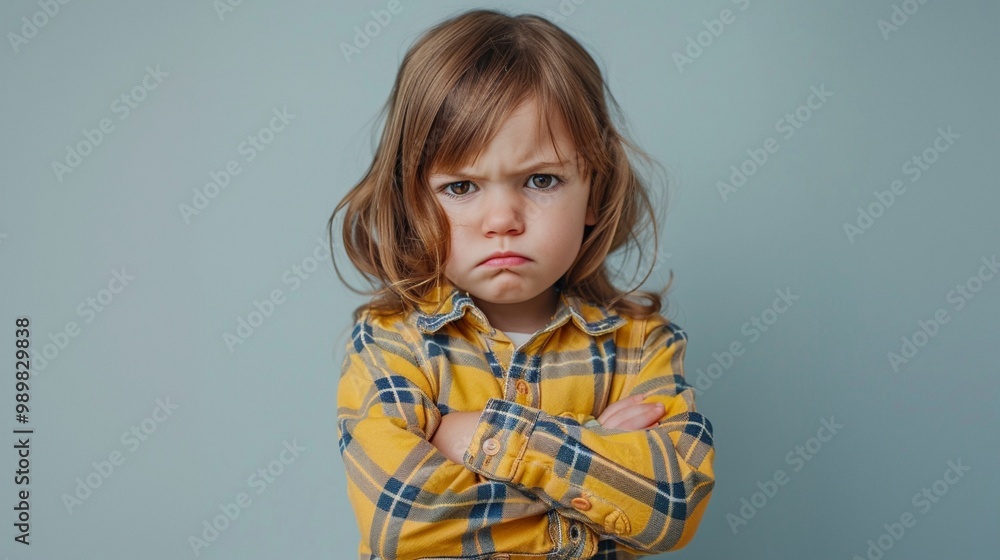 Adorable toddler with a pouty expression, arms crossed defiantly, wearing a vibrant yellow plaid shirt against a plain background, embodying childhood stubbornness. Adorable toddler with a pouty expression, arms crossed defiantly, wearing a vibrant yellow plaid shirt against a plain background, embodying childhood stubbornness.