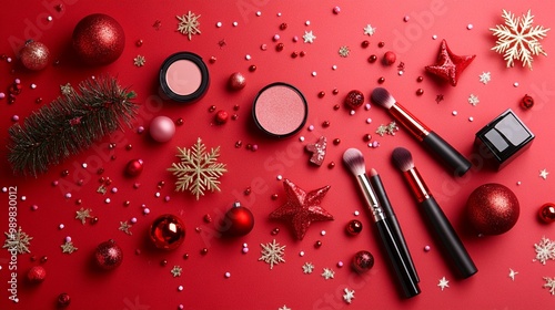 Festive beauty essentials: makeup brushes, blush, and eyeshadow palette surrounded by glittering Christmas ornaments and decorations on vibrant red background. photo