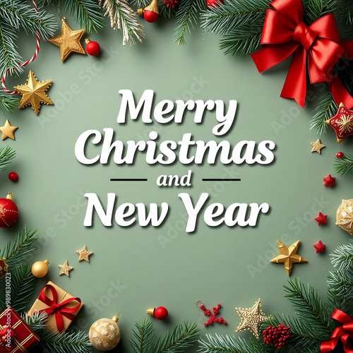 Merry Christmas greeting card text on green background with festive decorations.