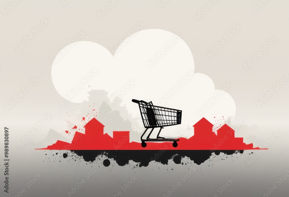 Naklejka premium Landfill merging into city pollution environmental impact consumerism polluted skyline, Generative AI