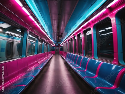 train interior with Neon pink and blue light